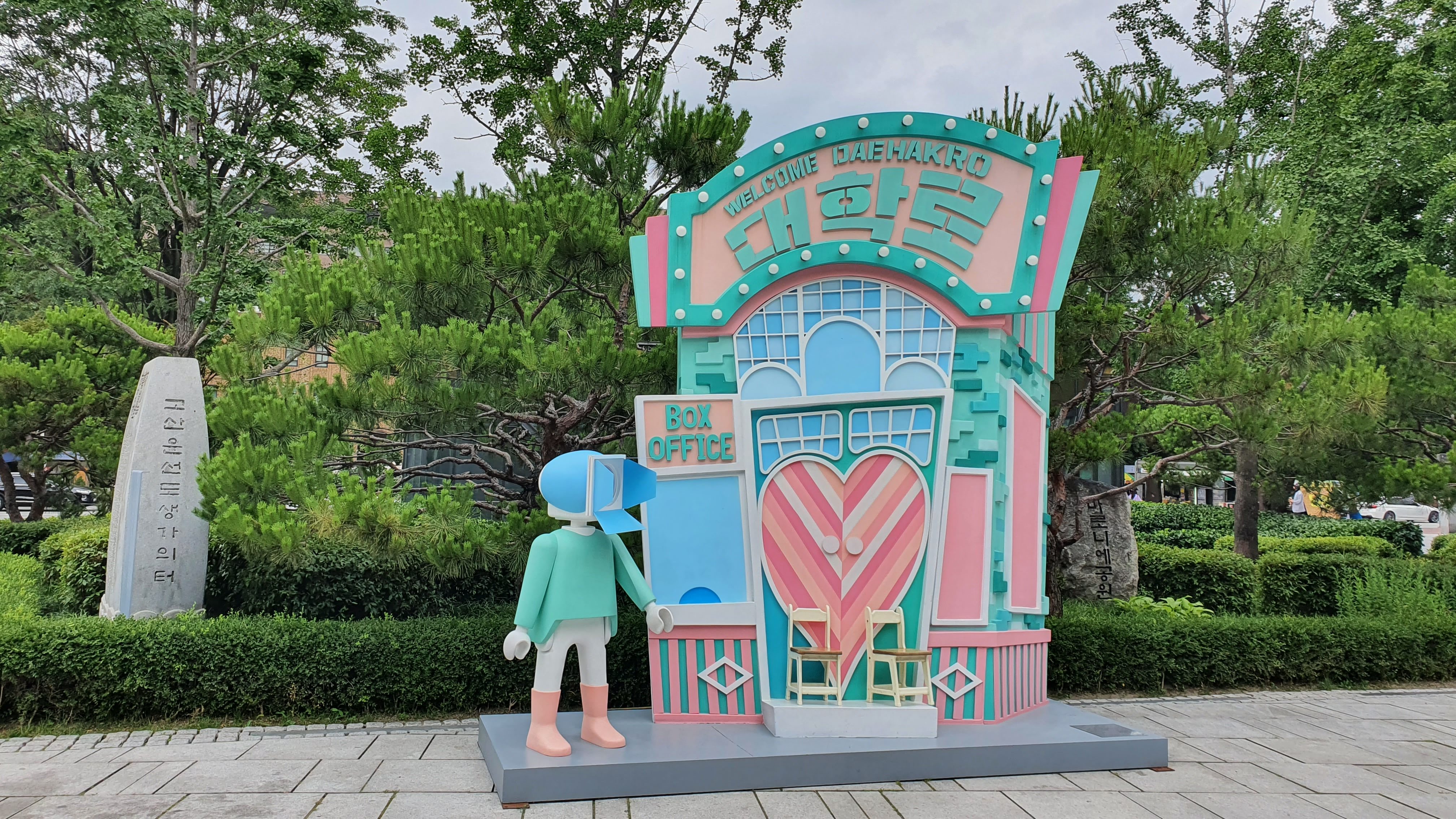从林荫道俯拍，脚下大学路街区与绿地同框。
